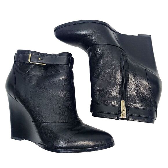 Coach Melody Wedge Bootie Heels 8‎ Black Leather Buckle Side Zip Ankle Boots - Picture 1 of 10